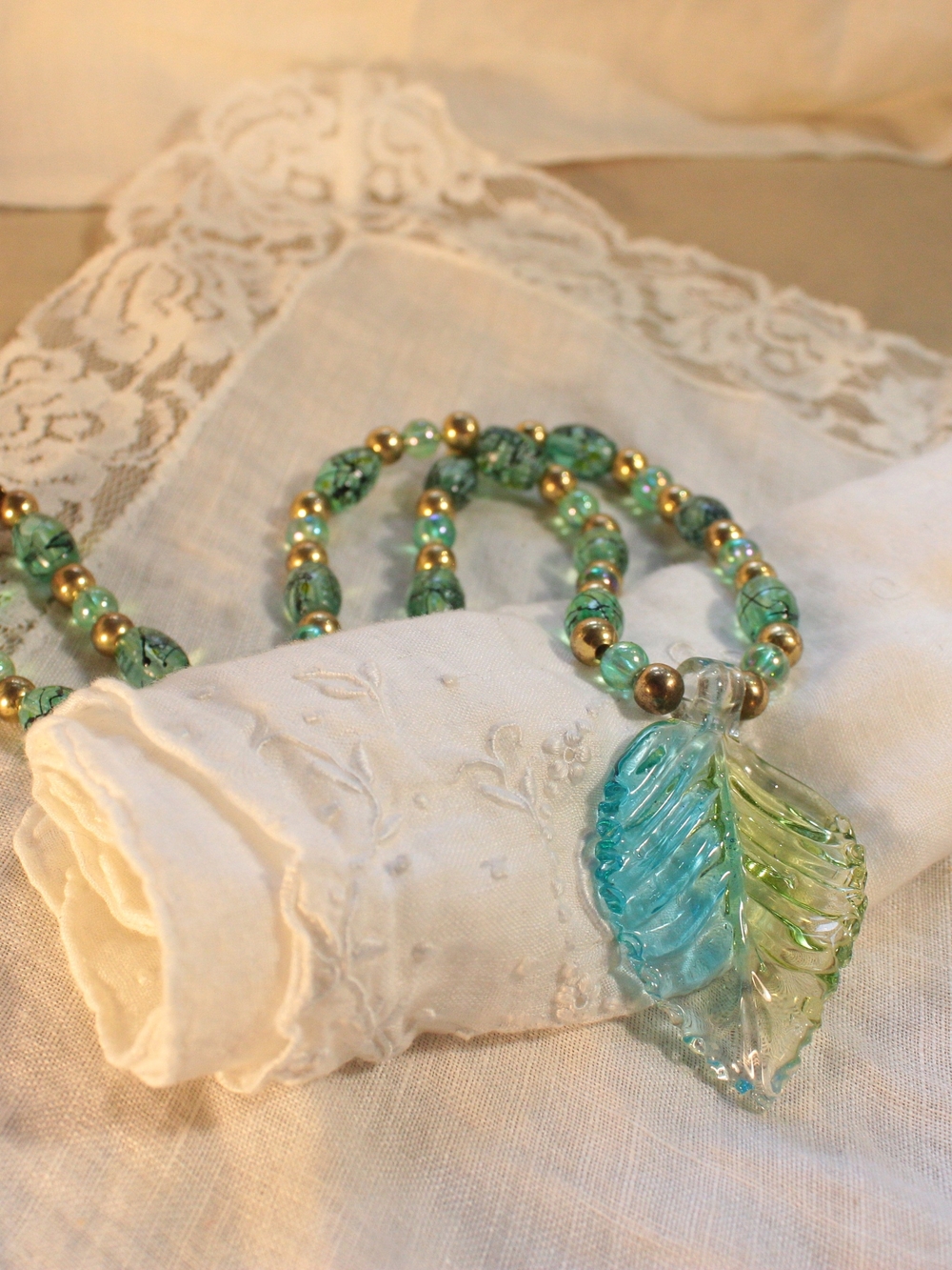 Fairycore Art Glass Leaf Pendant Beaded Necklace Blue Green Gold Tone